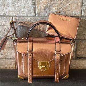 NWT Michael Kors Primrose Gold Manhattan Satchel and Wallet